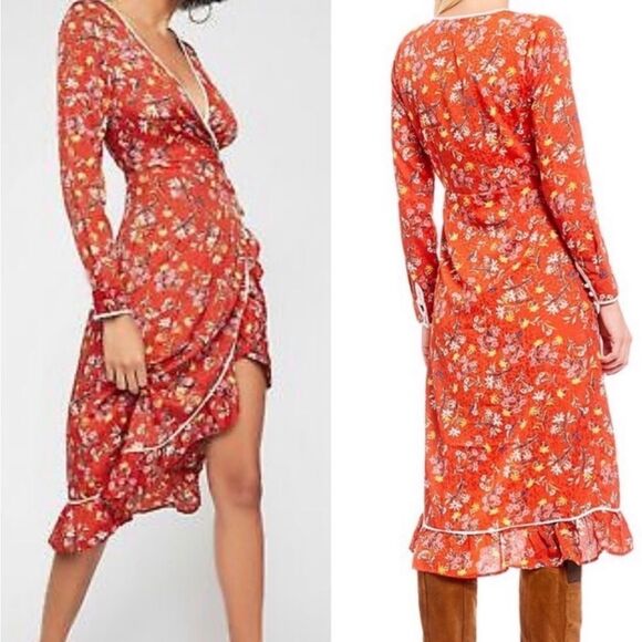 Free People Covent Garden Midi Wrap Dress Red Combo Boho - Picture 3 of 9
